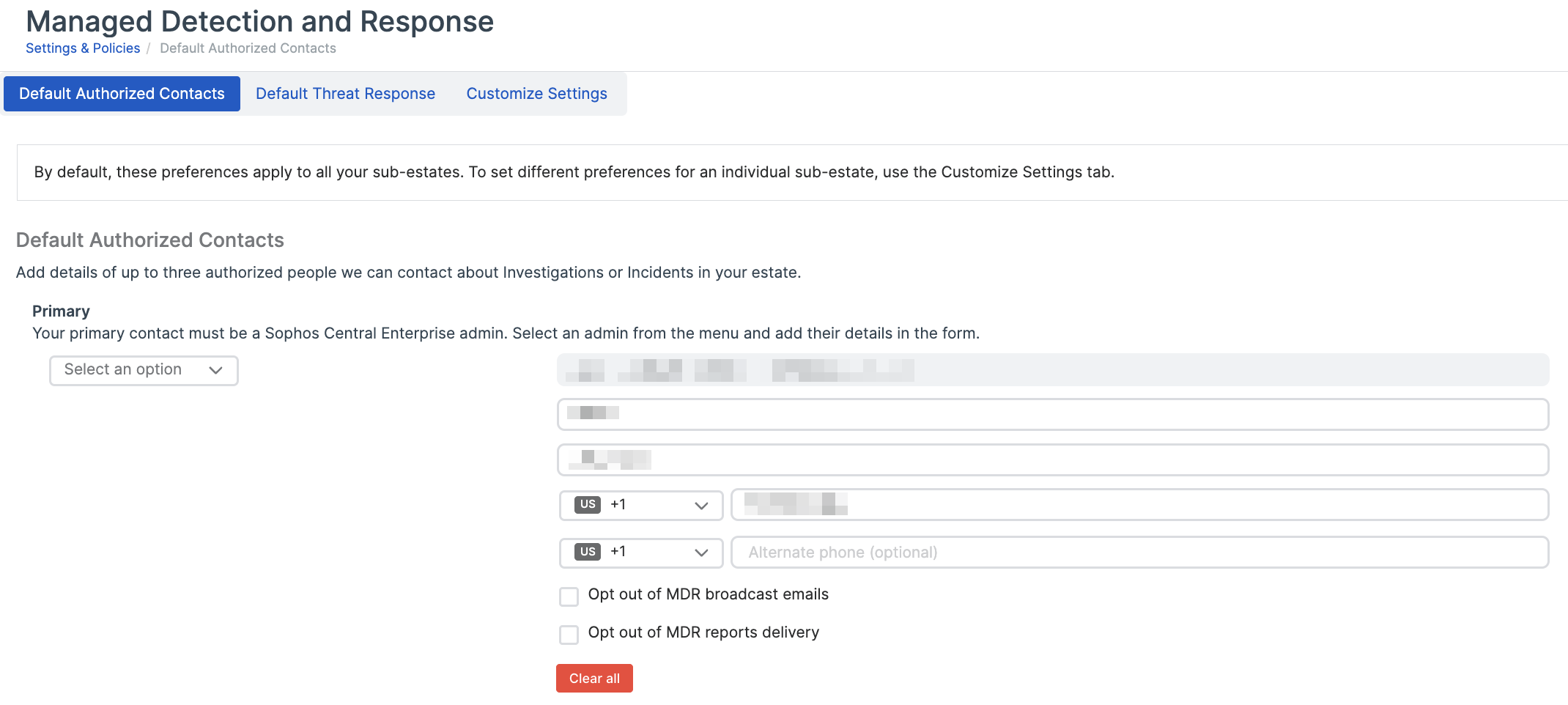 권한이 부여된 연락처 탭.