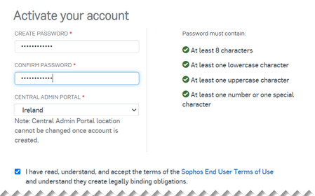 Activate account dialog. Choose password and data storage region.