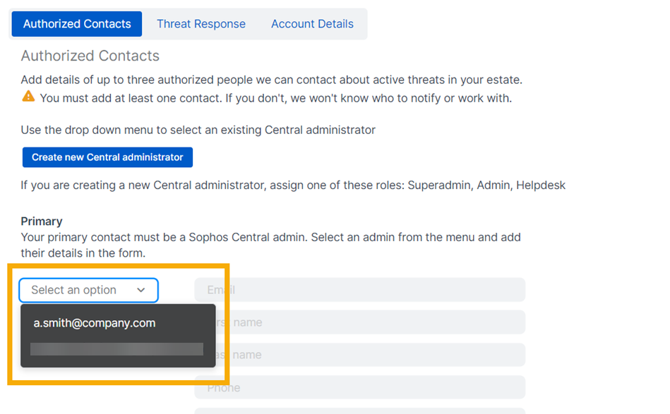 Authorized Contacts selector.