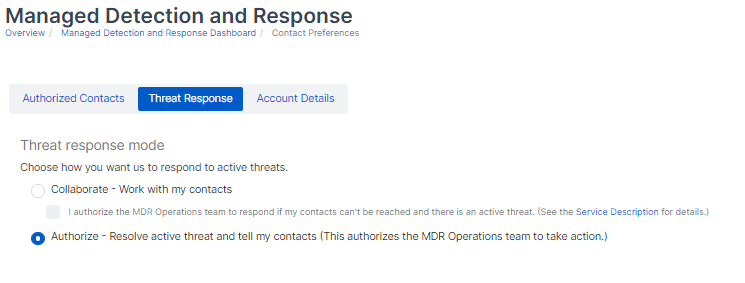 Threat response mode options.