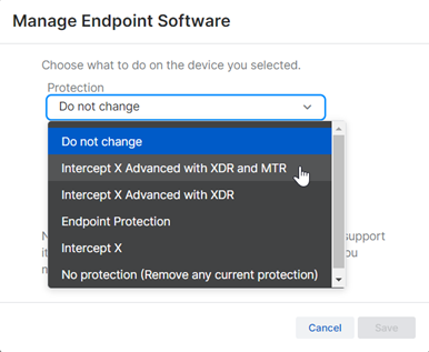 Manage endpoint software dialog.