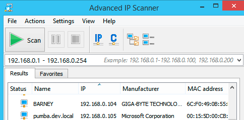 Advanced IP Scanner 工具的螢幕擷取畫面。