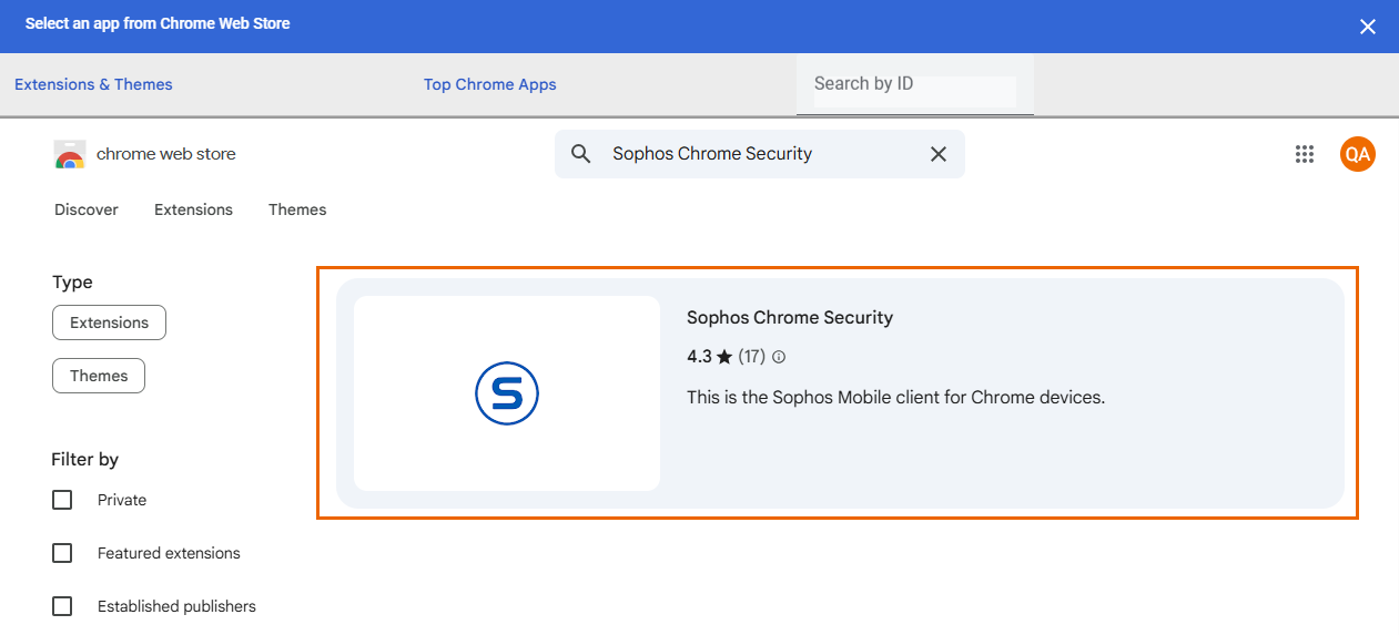 Das Suchergebnis für Sophos Chrome Security.
