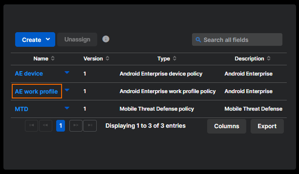 An Android work profile policy.
