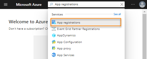 Search for App registrations in the Azure portal.