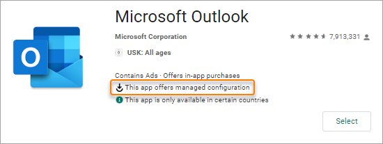 The "This app offers managed configuration" note in Managed Google Play.