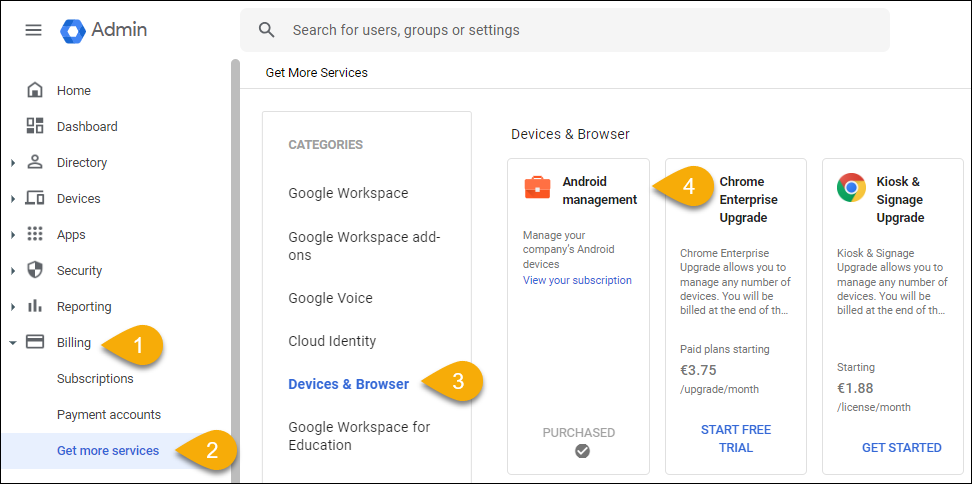 A screenshot of the Google Admin console with the items to select highlighted.