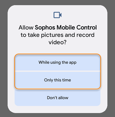The options you must select for allowing Sophos Mobile Control to take pictures.