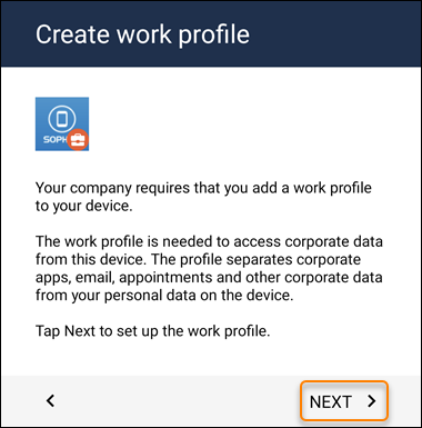 The "Next" button on the "Create work profile" page.