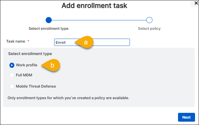 The "Select enrollment type" step of the assistant.