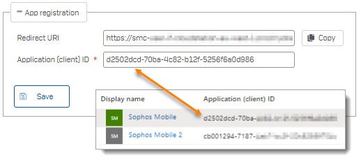 Valor Id. de aplicación (cliente) en Sophos Mobile y el portal de Azure.