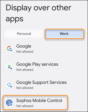 App Sophos Mobile Control en la lista de apps de trabajo.