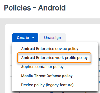 La commande « Stratégie de profil professionnel Android Enterprise ».