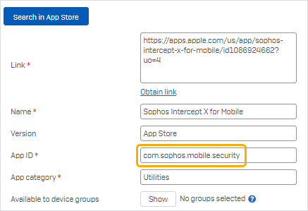 Sophos Mobile recupera l'identificatore delle app iOS e iPadOS dall'App Store.