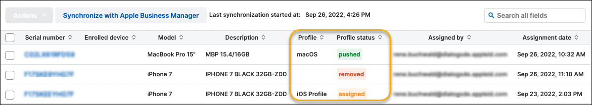 「Apple DEP デバイス」ページのプロファイルとプロファイルの状態の情報の例。