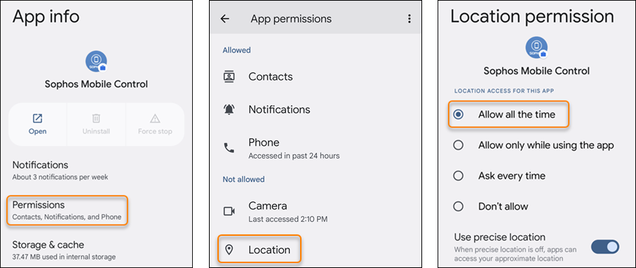 「権限」、「位置情報」、および「常に許可」ボタンの位置を示す 3つの画像。