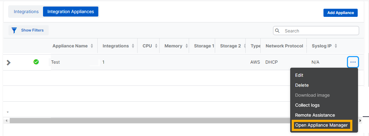 Menu Actions de l'appliance.