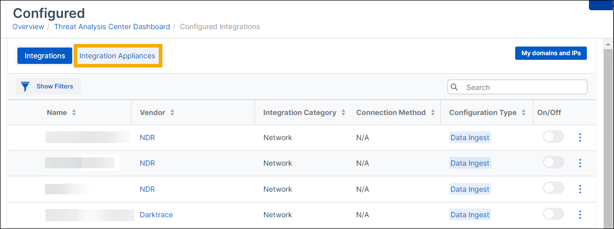 統合アプライアンスのリスト。