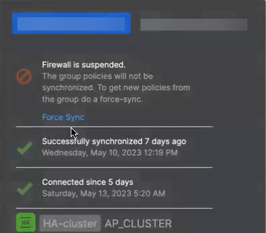 HA primary firewall information with force sync link.