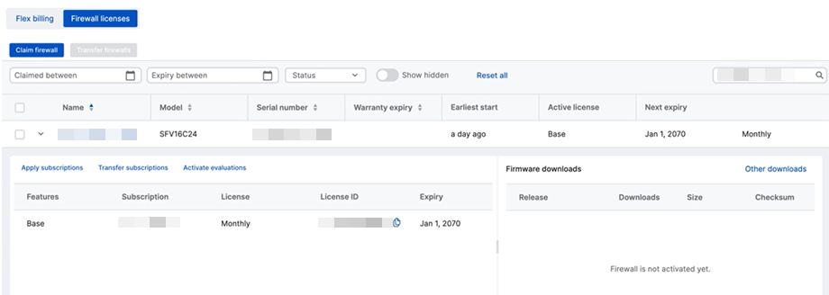 Detalles de la licencia del firewall virtual.
