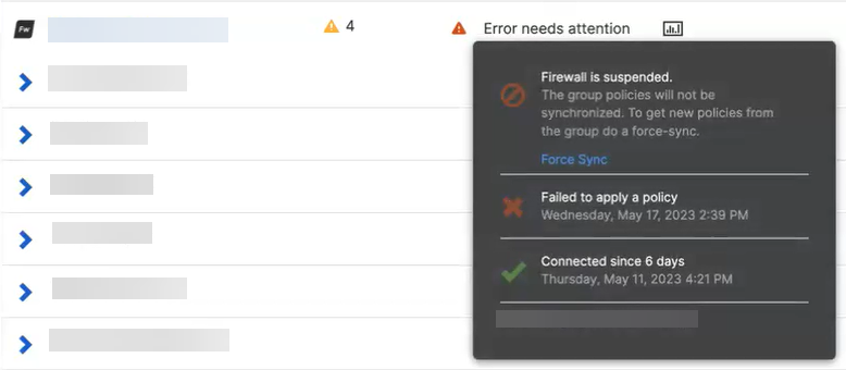 Información del firewall con el enlace Forzar sincronización.