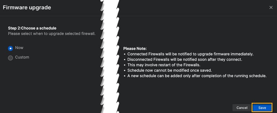 Les options « Maintenant » et « Personnalisé » sur la page « Mise à niveau du firmware ».
