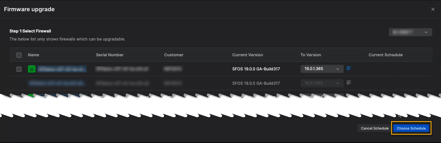 La page « Mise a niveau du firmware » avec le bouton « Choisir une planification ».