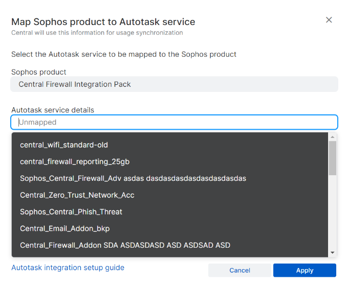 Sophos 제품을 Autotask 서비스에 매핑 페이지.