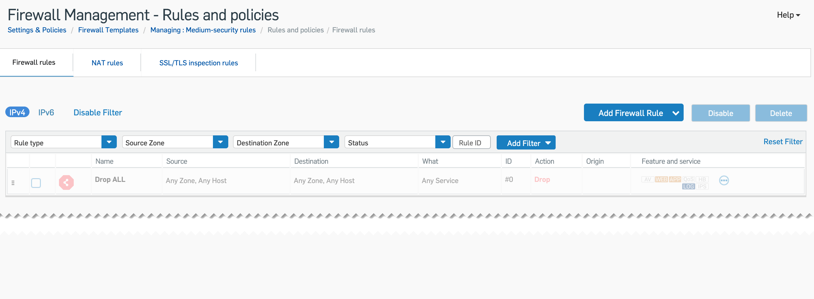 As opções de configuração de firewall gerenciadas pelo Sophos Central Admin.
