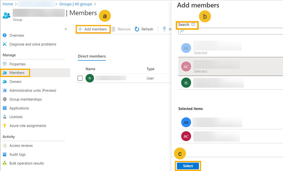 Screenshot von der Registerkarte „Mitglieder“ in Azure AD