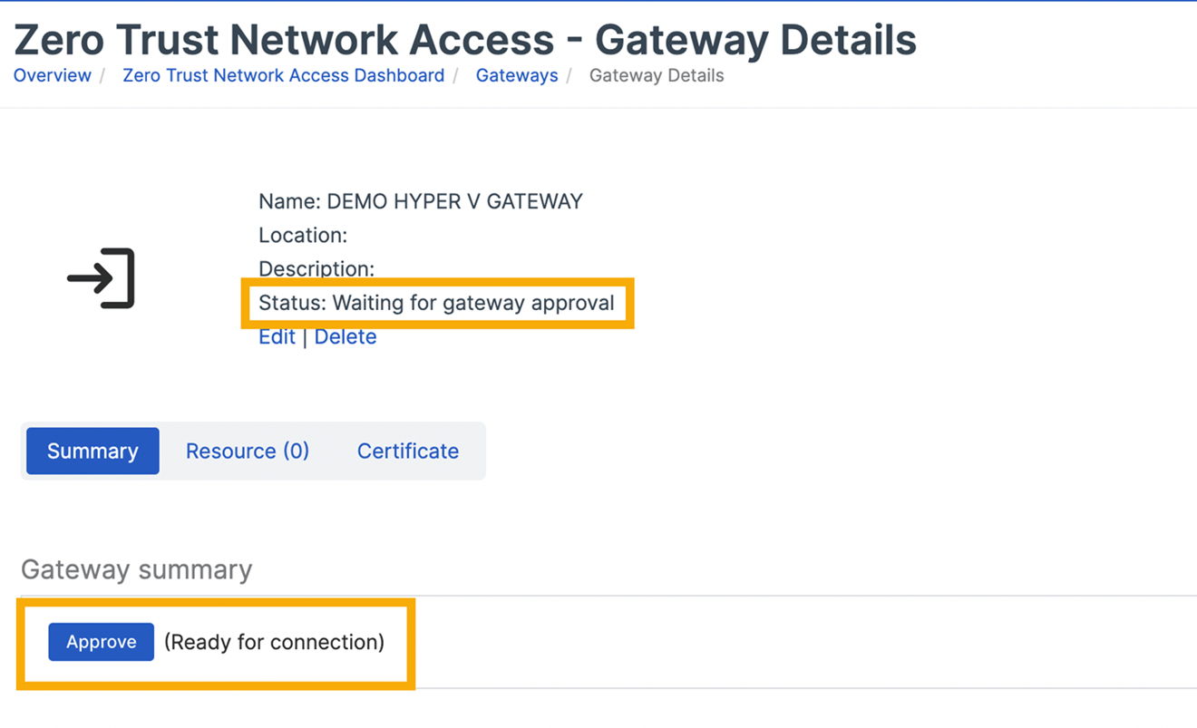 Gateway-Status mit der Schaltfläche „Genehmigen“