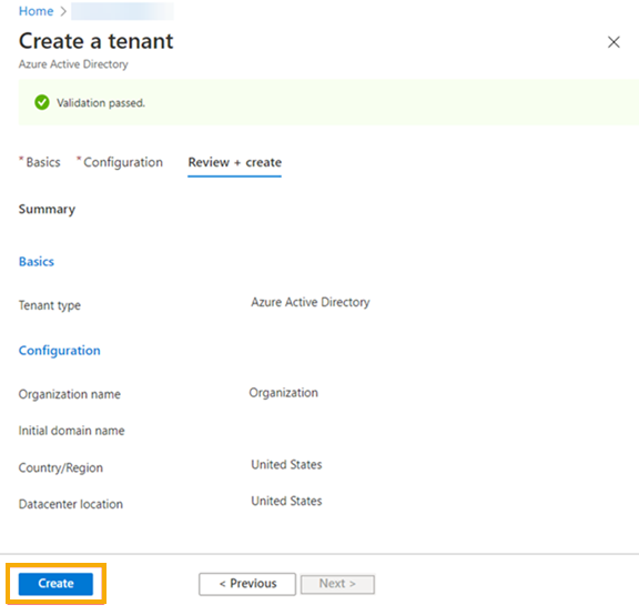 Final screen to create tenant in Azure AD