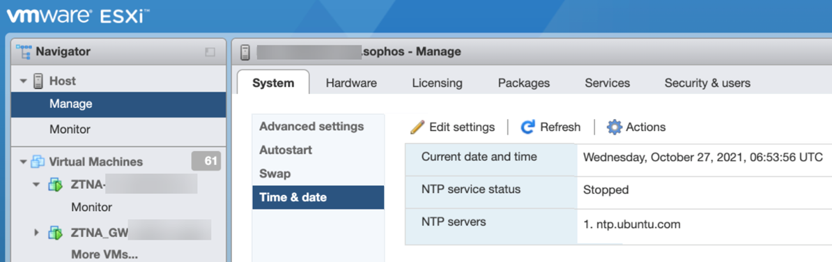 ESXi time settings.