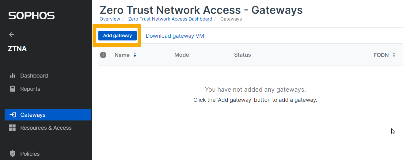 Screenshot of Gateways page