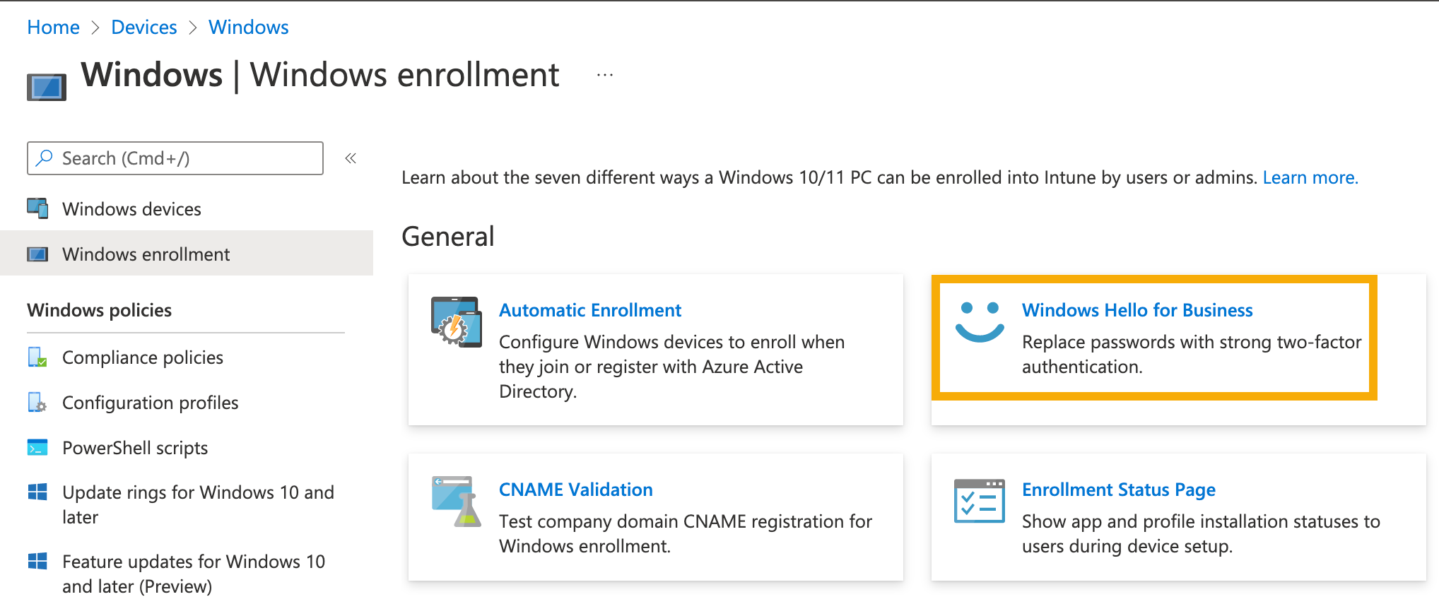 Windows Enrollment page