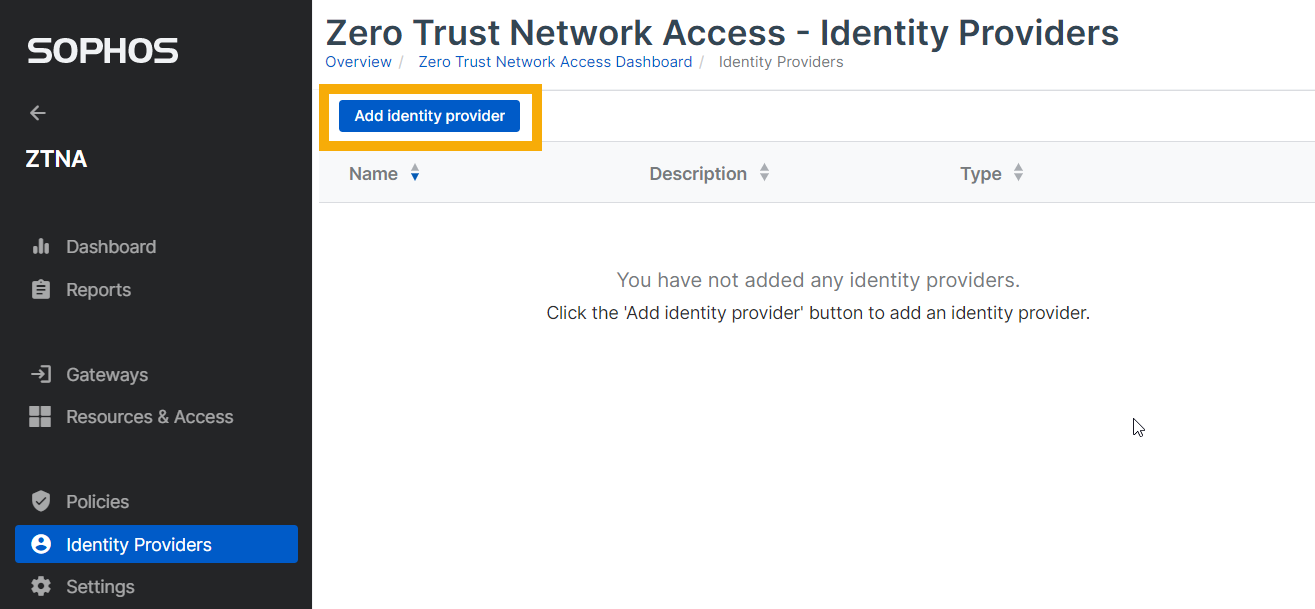 Screenshot of the Identity providers page in Sophos Central