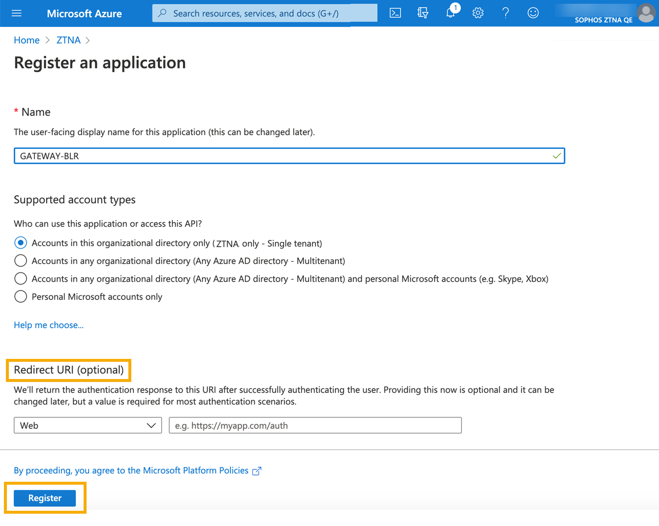 Página Registrar una aplicación en Azure AD