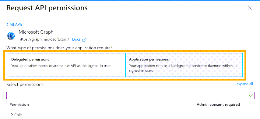 Página Solicitar permissões de API