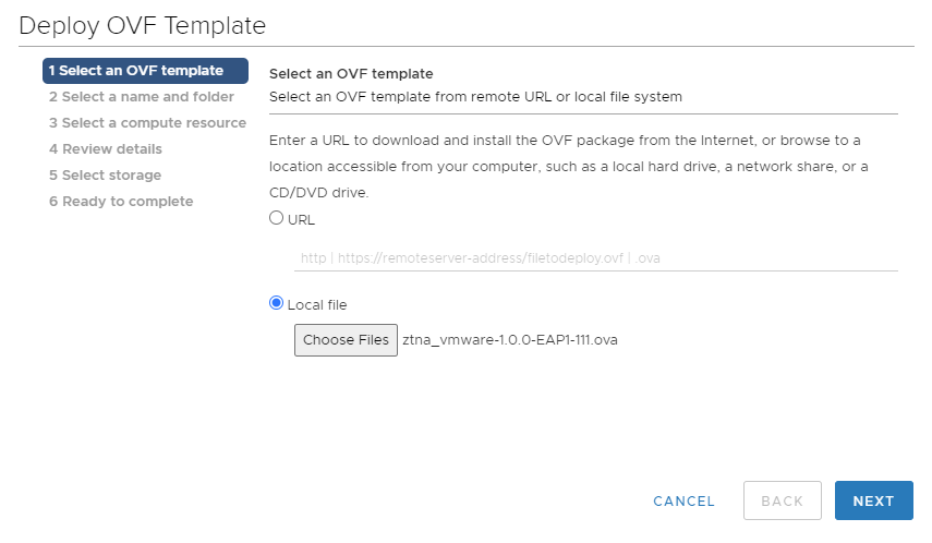 Captura de tela da página de implantação no VMware vSphere