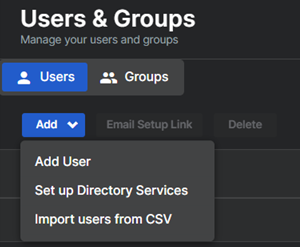 Menü „Hinzufügen“ auf der Seite „Benutzer und Gruppen“.
