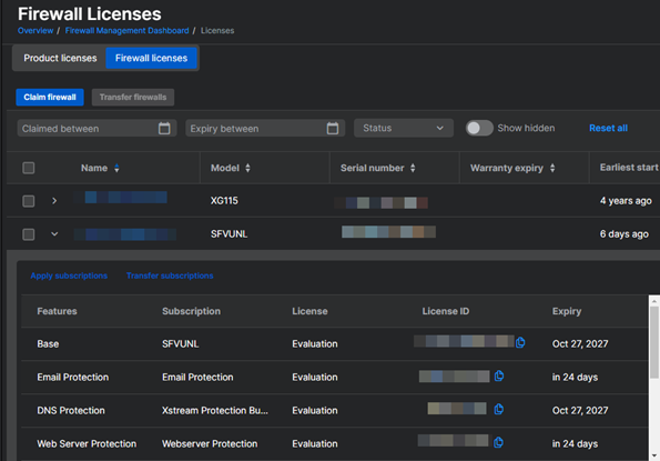 Lizenzdetails der Firewall.