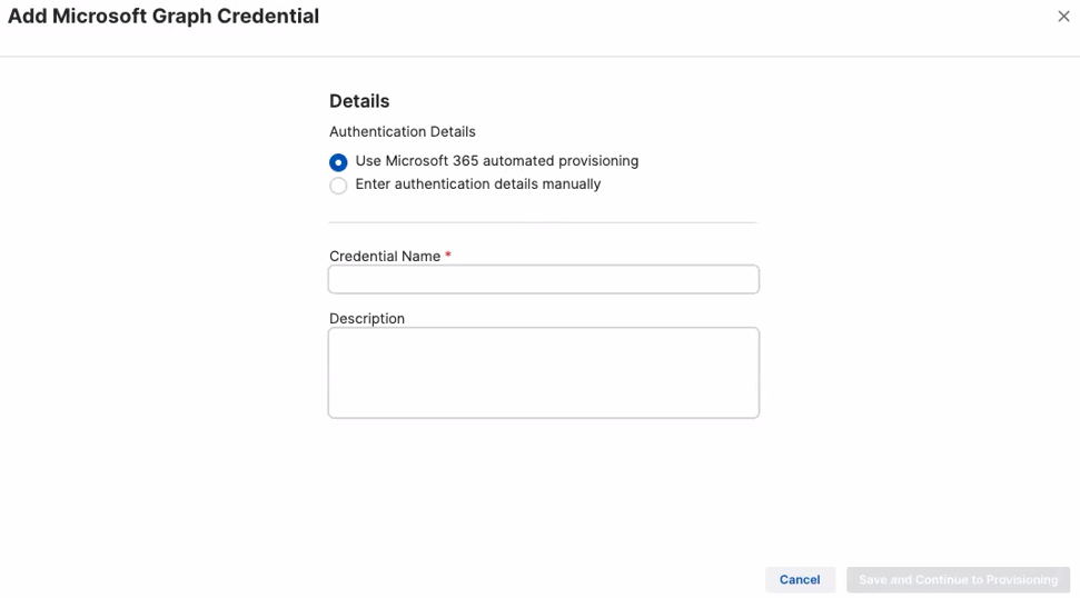 Seite „Microsoft Graph-Anmeldeinformationen hinzufügen“.