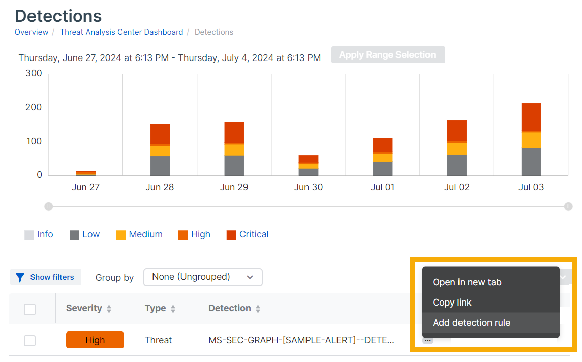 Menü „Mehr“ mit der Option „Erkennungsregel hinzufügen“.