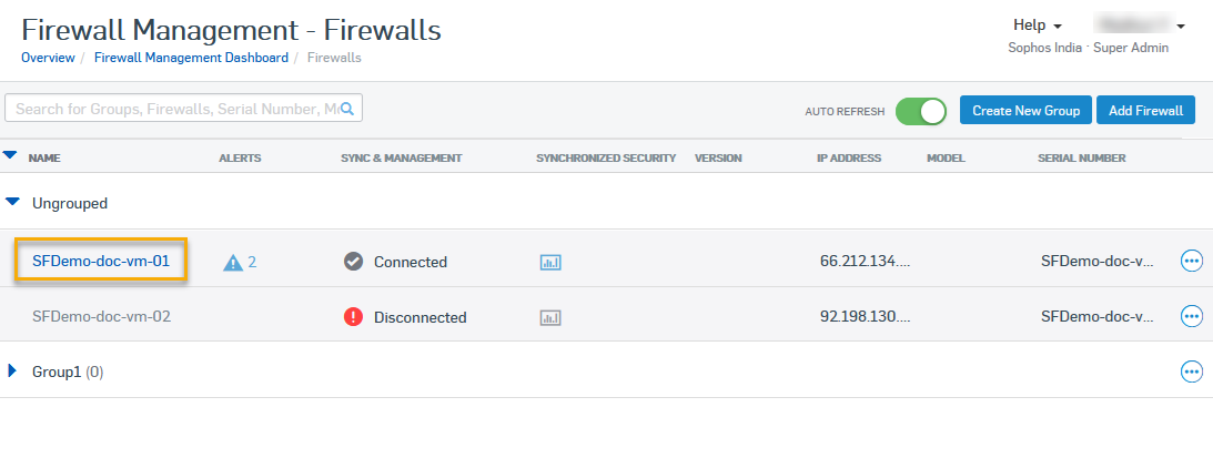 Ihre Firewall auf der Seite „Firewalls“ in Sophos Central.