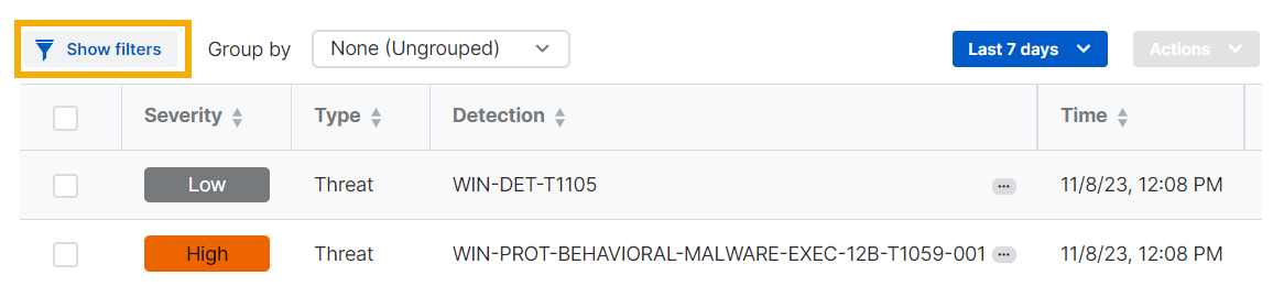 Liste der Erkennungen mit der Schaltfläche „Filter anzeigen“.