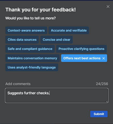 Bildschirm „Vielen Dank für Ihr Feedback!“ mit Tags, mit denen Sie Ihr Feedback erklären können.