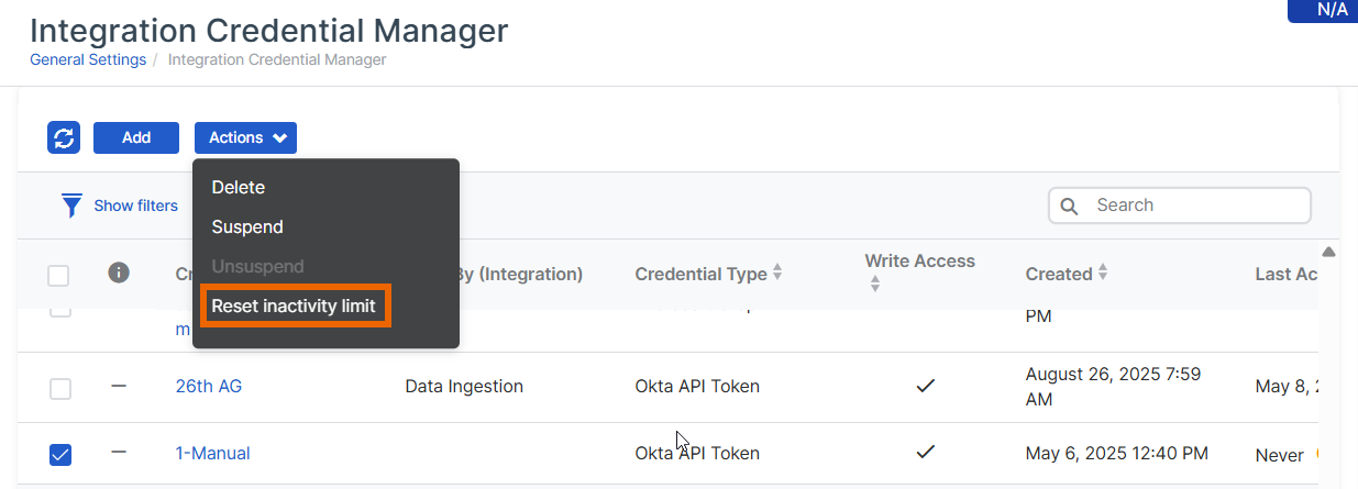 Menü „Maßnahmen“ mit der Option „Inaktivitätszeit zurücksetzen“.
