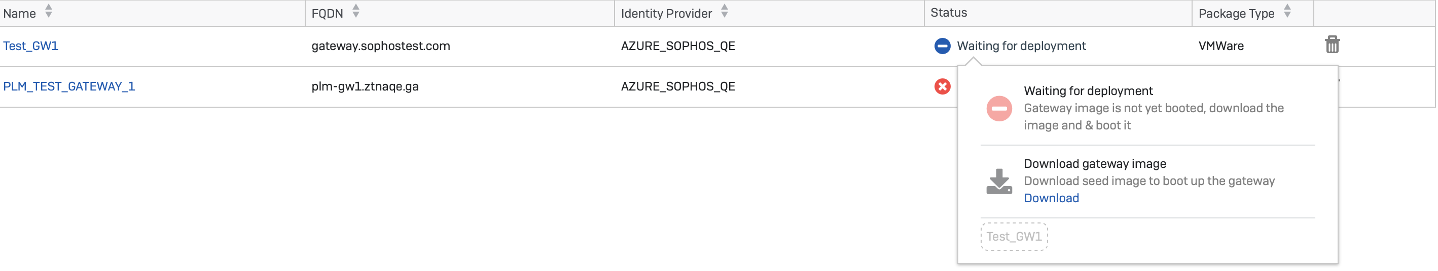 Seite „Gateways“ mit dem Gateway-Status.