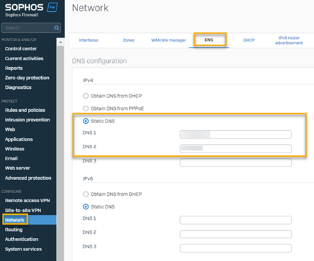 Sophos Firewall-DNS-Konfiguration.