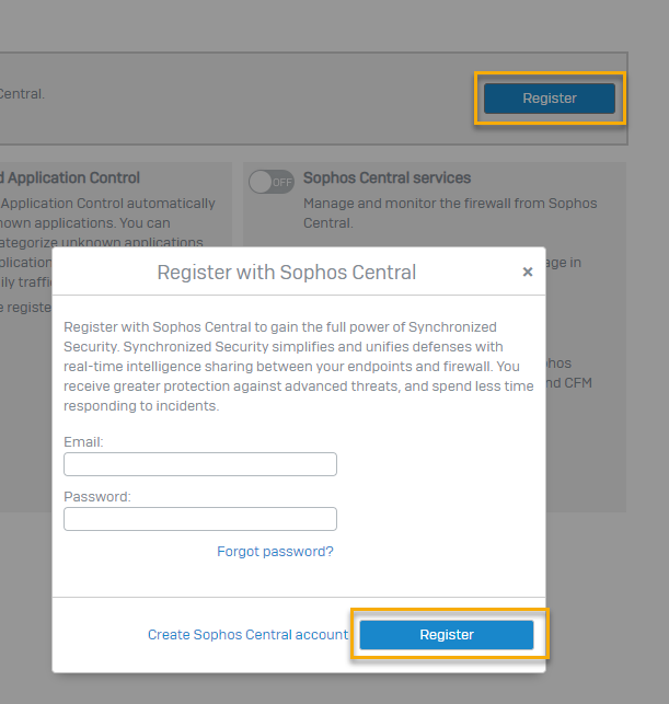 Anweisungen zur Registrierung Ihrer Sophos Firewall bei Sophos Central.